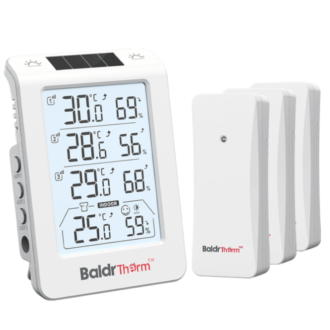 BaldrTherm Solar Outdoor Thermometer, Wireless Temperature & Humidity Monitor with 330ft Range（White，3 Channel）