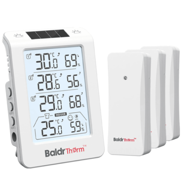 BaldrTherm Solar Outdoor Thermometer, Wireless Temperature & Humidity Monitor with 330ft Range（White，3 Channel）
