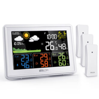 BALDR Wireless Weather Station / 3 Sensors – Large Color Display, Atomic Clock, Barometer,White