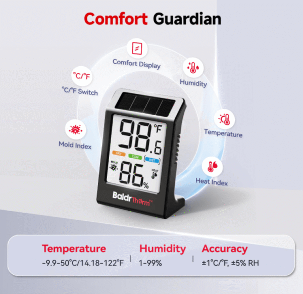 BaldrTherm Humidity Meter Hygrometer, Solar-Powered Room Thermometer 3.2, 3Pack