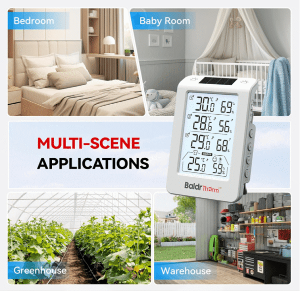 BaldrTherm Solar Outdoor Thermometer, Wireless Temperature & Humidity Monitor with 330ft Range（White，3 Channel）