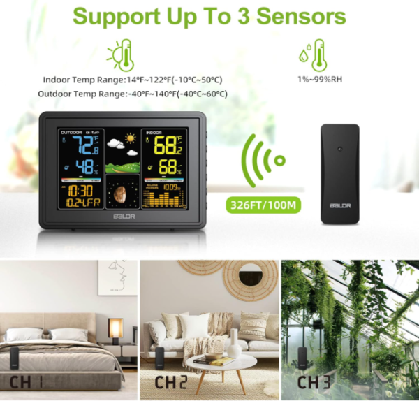 BALDR Wireless Weather Station - Color Digital Thermometer with Atomic Clock, Barometer & Moon Phase,Black