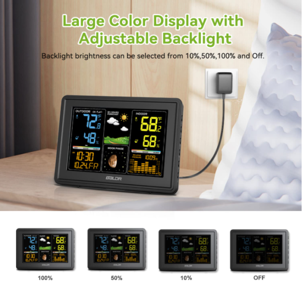 BALDR Wireless Weather Station - Color Digital Thermometer with Atomic Clock, Barometer & Moon Phase,Black