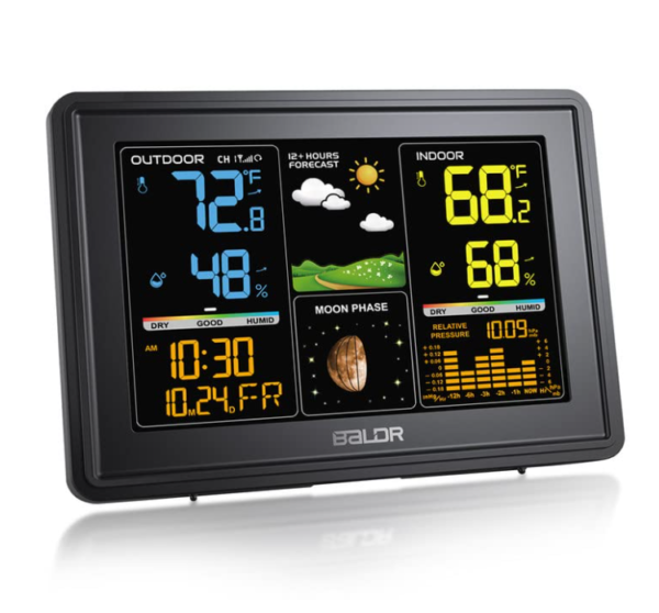 BALDR Wireless Weather Station - Color Digital Thermometer with Atomic Clock, Barometer & Moon Phase,Black