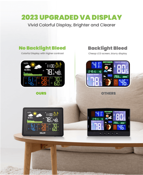 BALDR Wireless Weather Station w/ 3 Sensors – Large Color Display, Atomic Clock, Barometer,Black